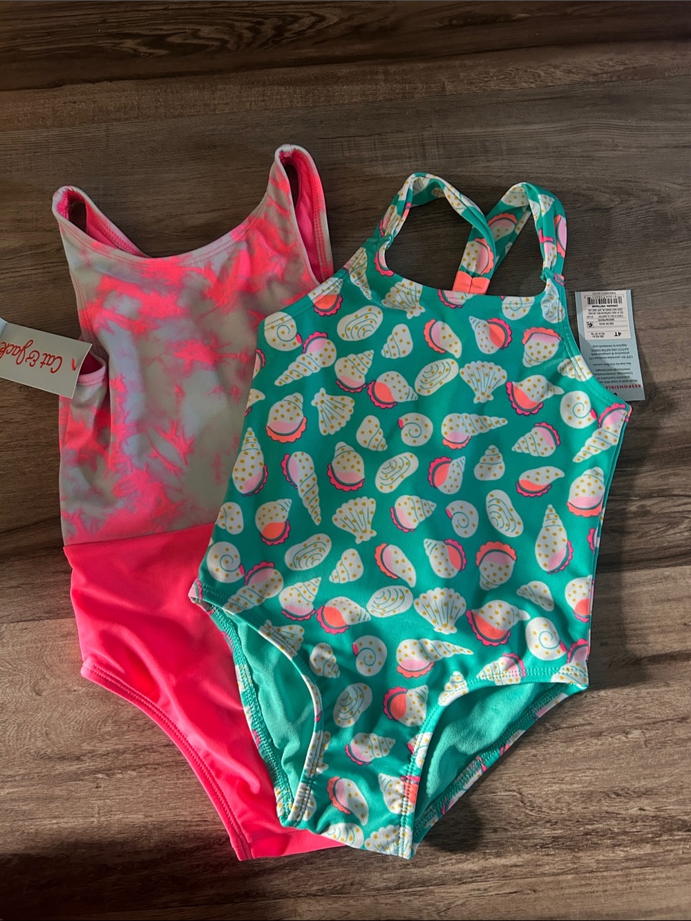 Cat & Jack Neon Pink Tie-Dye and Turquoise Seashell Girls' Swimsuits